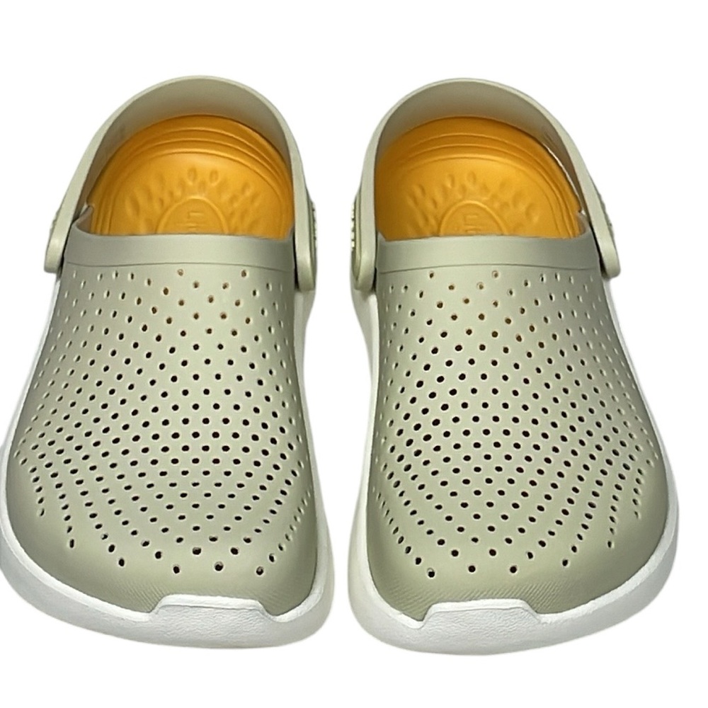 CROCS Women's Sage Green and Yellow Slip-On Clogs - Picture 2 of 11